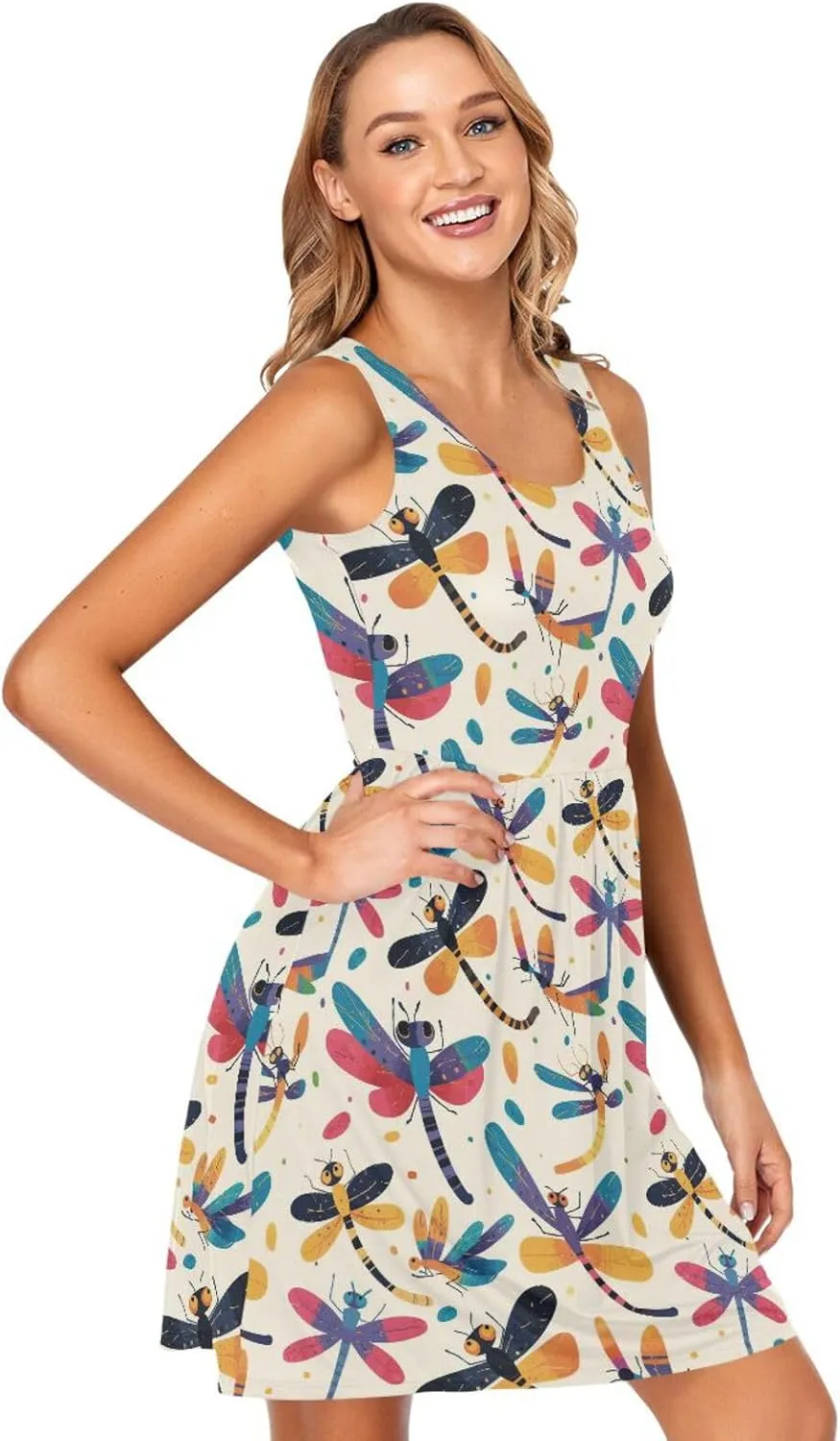 KLL Dragonfly Pattern Illustration Womens Tank Sun Dress Loose Sleeveless Beach Flowy Sundress Summer
