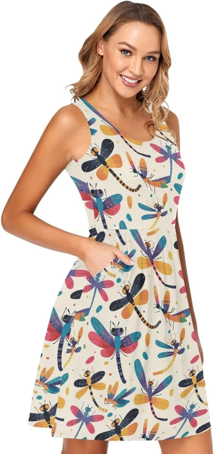 KLL Dragonfly Pattern Illustration Womens Tank Sun Dress Loose Sleeveless Beach Flowy Sundress Summer