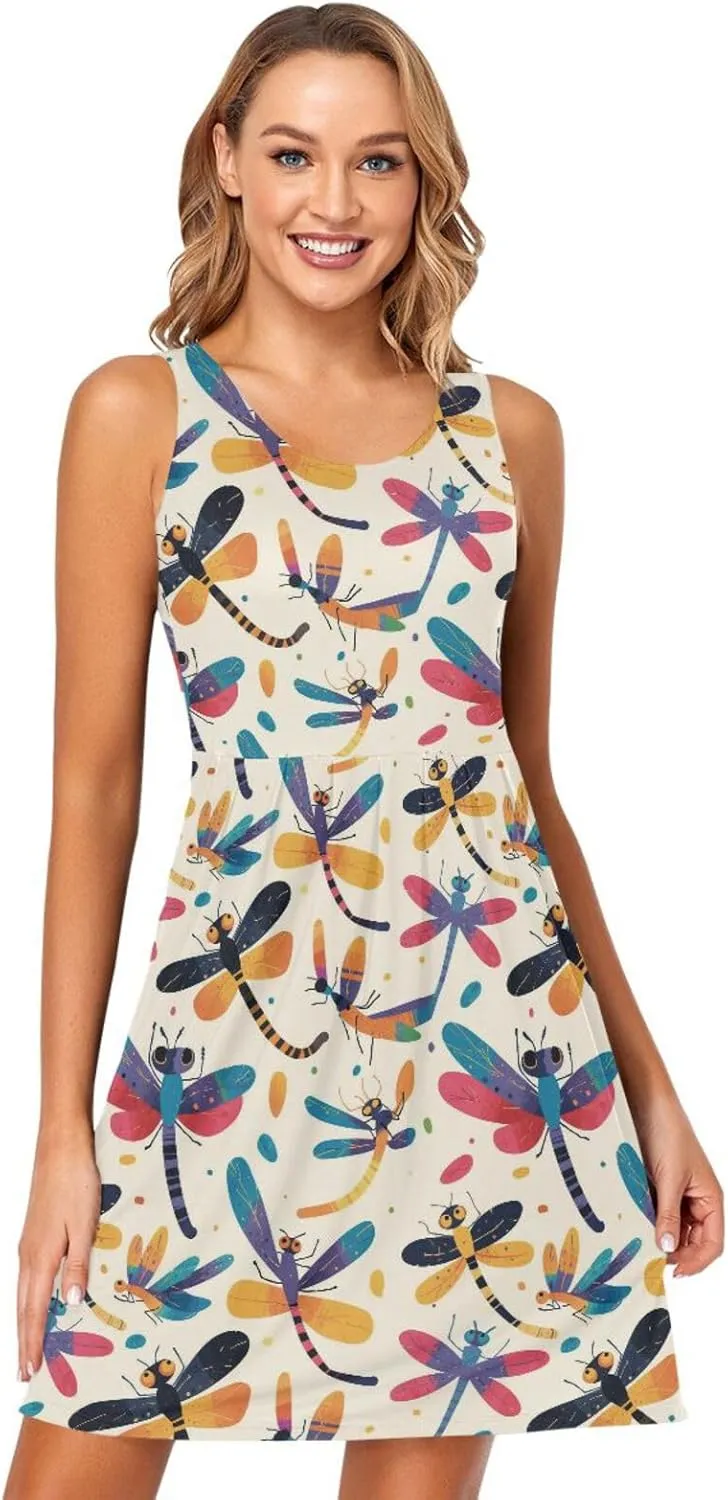 KLL Dragonfly Pattern Illustration Womens Tank Sun Dress Loose Sleeveless Beach Flowy Sundress Summer