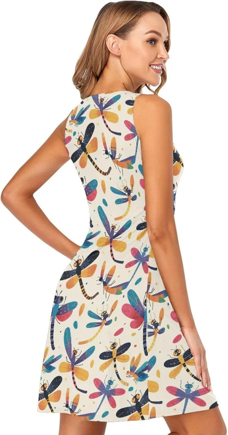KLL Dragonfly Pattern Illustration Womens Tank Sun Dress Loose Sleeveless Beach Flowy Sundress Summer