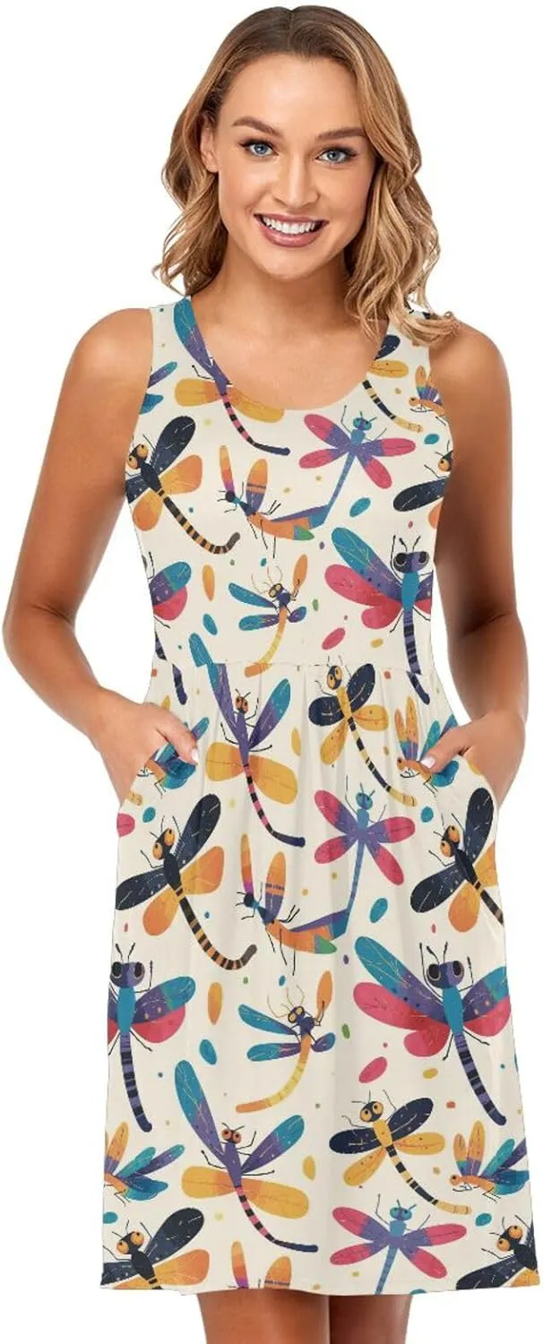 KLL Dragonfly Pattern Illustration Womens Tank Sun Dress Loose Sleeveless Beach Flowy Sundress Summer