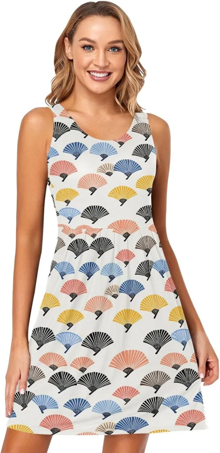 KLL Hand Drawn Cute Japanese Fans Women Sun Dress Fashion A-Line Party Sundress Crewneck