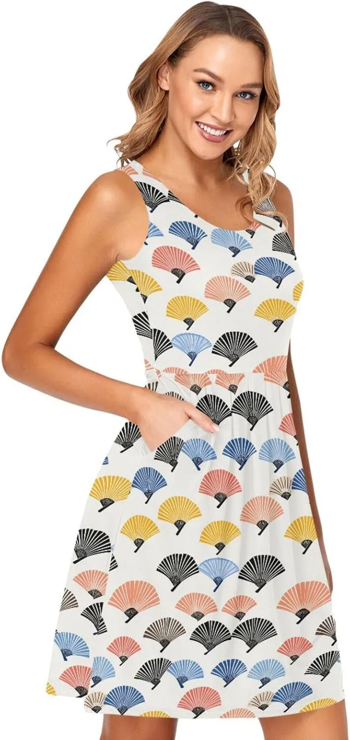 KLL Hand Drawn Cute Japanese Fans Women Sun Dress Fashion A-Line Party Sundress Crewneck