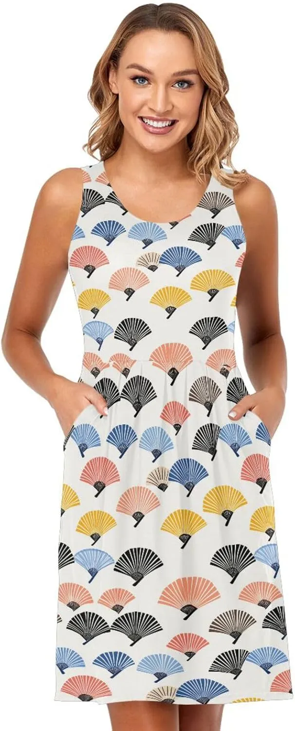 KLL Hand Drawn Cute Japanese Fans Women Sun Dress Fashion A-Line Party Sundress Crewneck