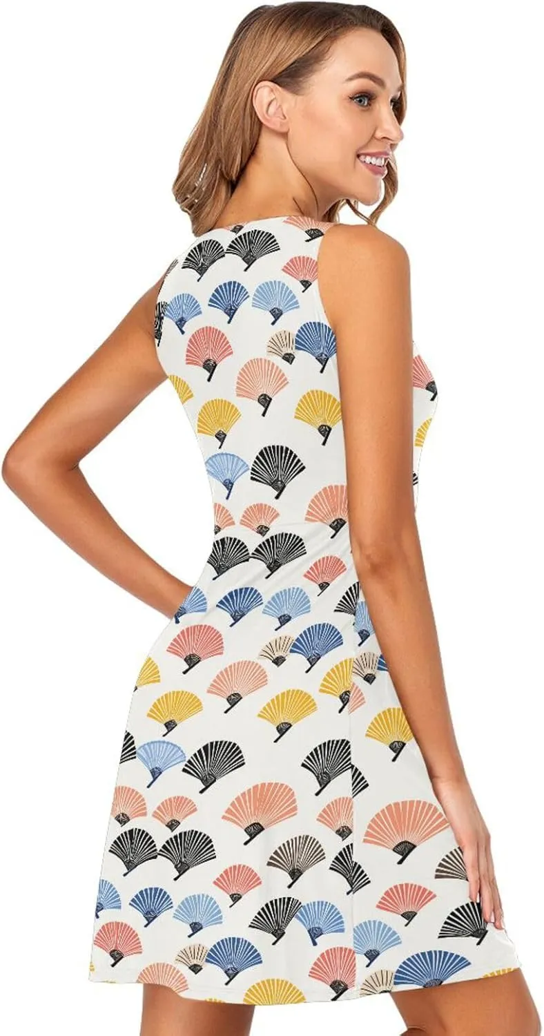 KLL Hand Drawn Cute Japanese Fans Women Sun Dress Fashion A-Line Party Sundress Crewneck