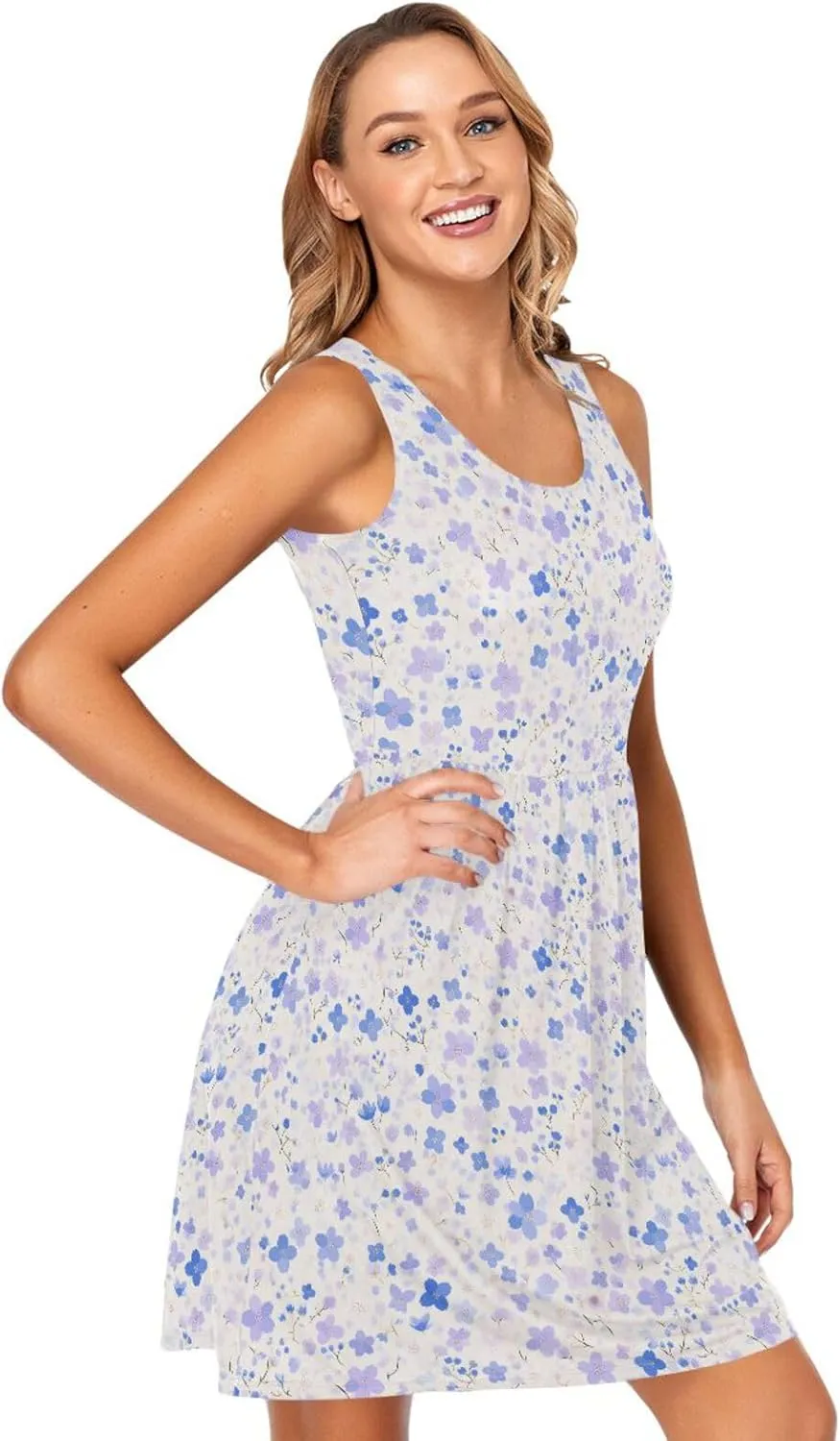 KLL Watercolor Blue Cherry Blossom Women Beach Dress Loose A-Line Holiday Tshirt Sundresses Summer