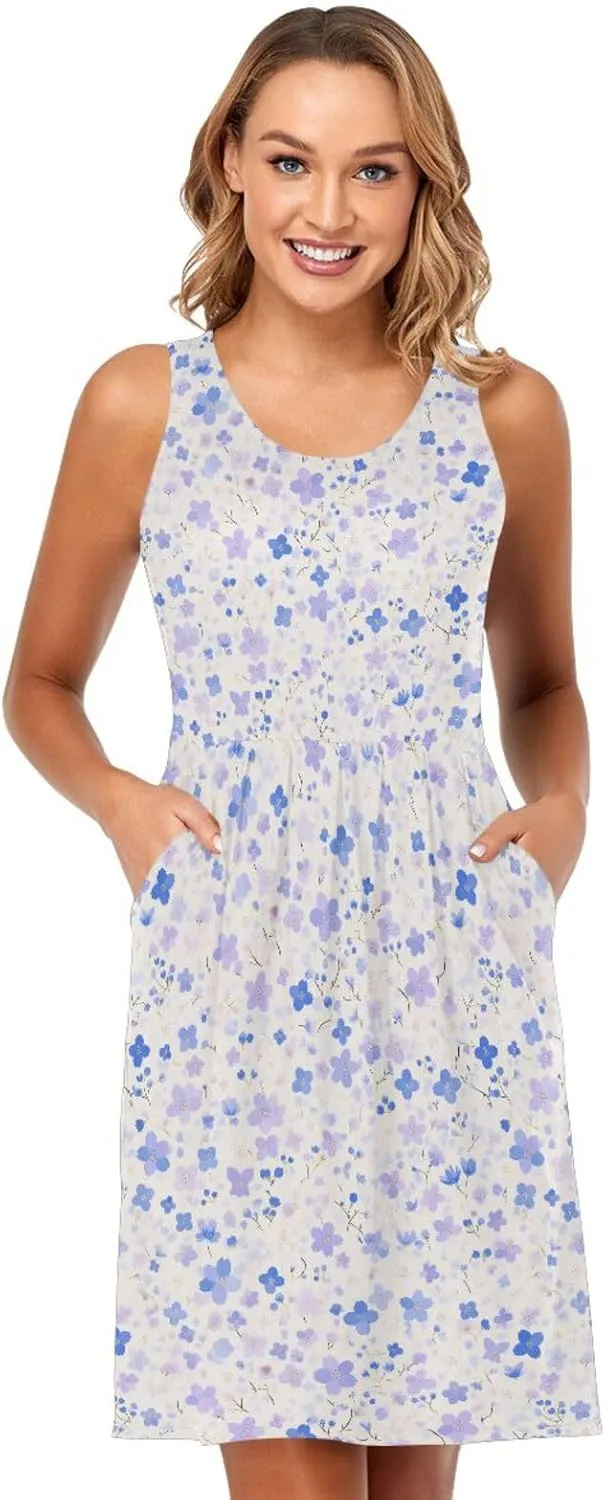 KLL Watercolor Blue Cherry Blossom Women Beach Dress Loose A-Line Holiday Tshirt Sundresses Summer