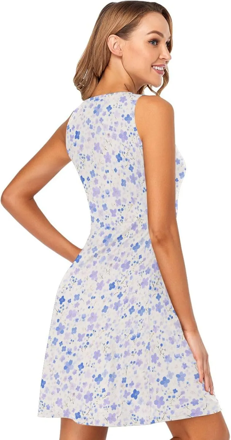 KLL Watercolor Blue Cherry Blossom Women Beach Dress Loose A-Line Holiday Tshirt Sundresses Summer