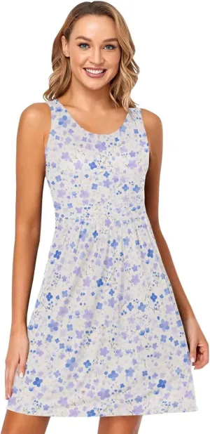 KLL Watercolor Blue Cherry Blossom Women Beach Dress Loose A-Line Holiday Tshirt Sundresses Summer