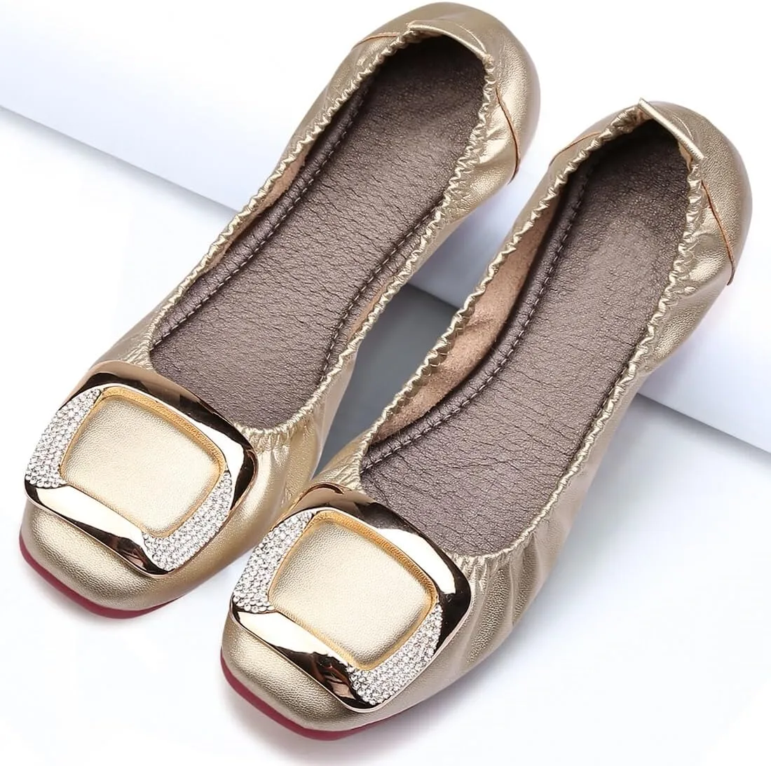 KUNWFNIX Women's Ballet Flats Crystal Wedding Ballerina Shoes Pointed Toe Pearl Diamond Low Heel Comfortable Dressy Work Business Dance Flats