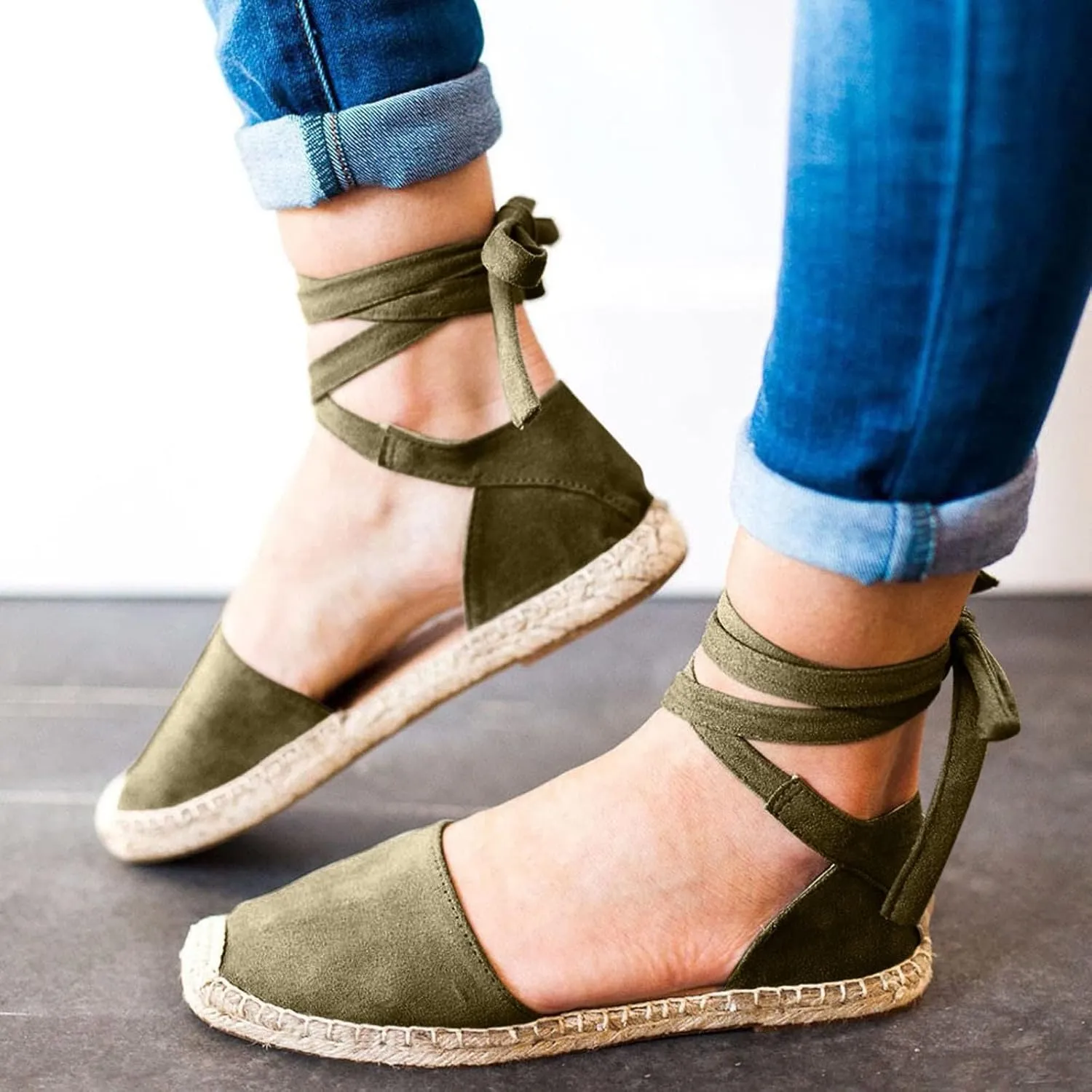 Ladies Flat Sandals Linen Vintage Cover Heel Espadrille Straw Solid Closed Toe Covered Beach Flat Toe Ankle Wrap,Classic Lace Up Summer Falt Strap Retro Black Dressy Shoes