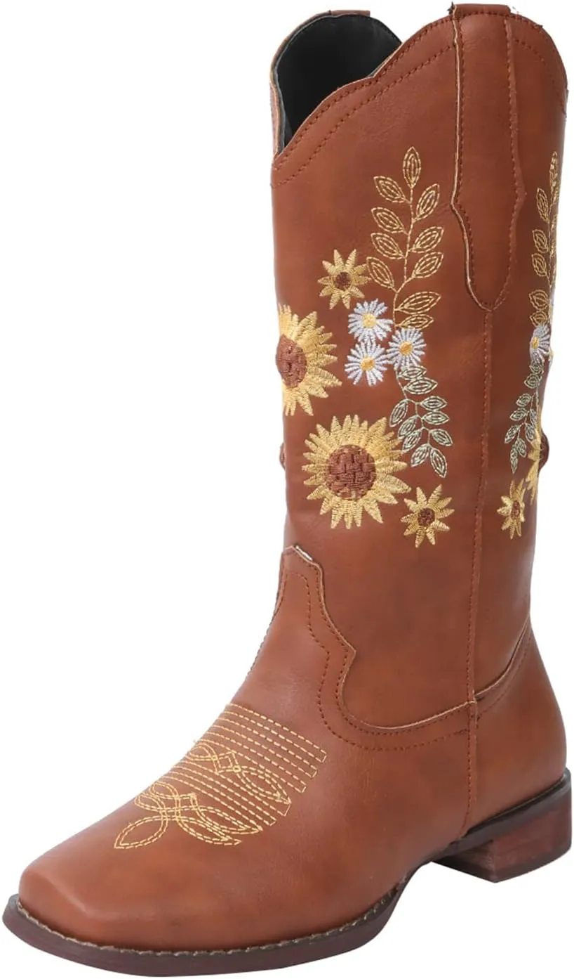Ladmiple Cowgirl Boots Women Mid Calf Sunflower Embroidered Western Boots Chunky Heel Stitching Pull On Cowboy Boots