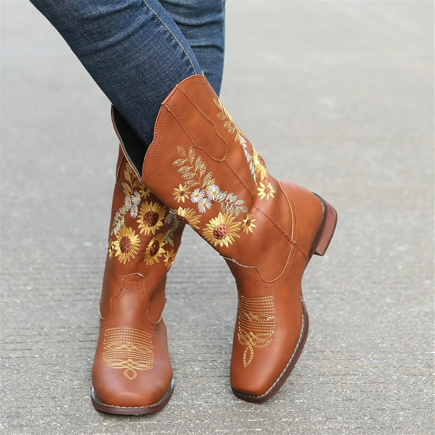 Ladmiple Cowgirl Boots Women Mid Calf Sunflower Embroidered Western Boots Chunky Heel Stitching Pull On Cowboy Boots