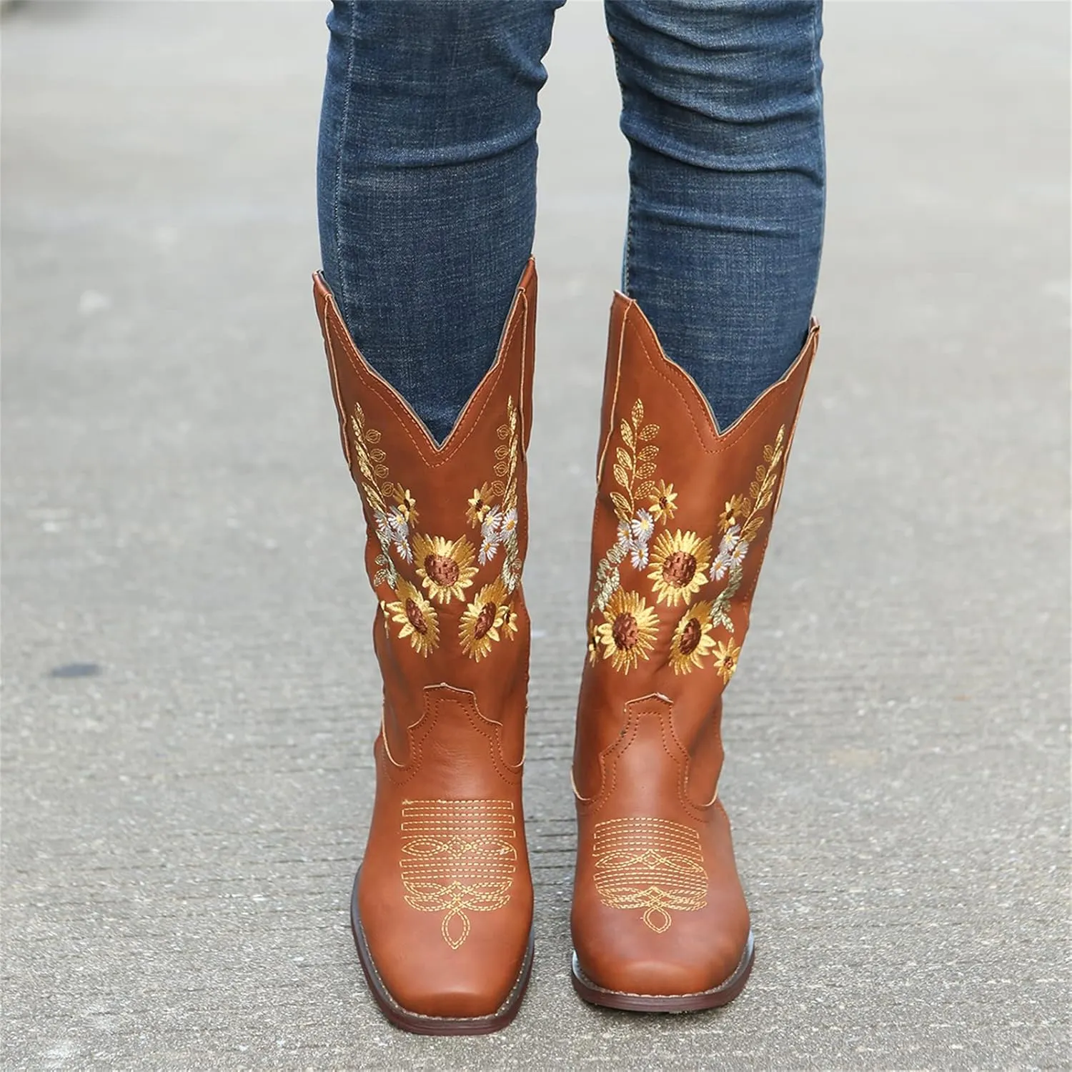 Ladmiple Cowgirl Boots Women Mid Calf Sunflower Embroidered Western Boots Chunky Heel Stitching Pull On Cowboy Boots