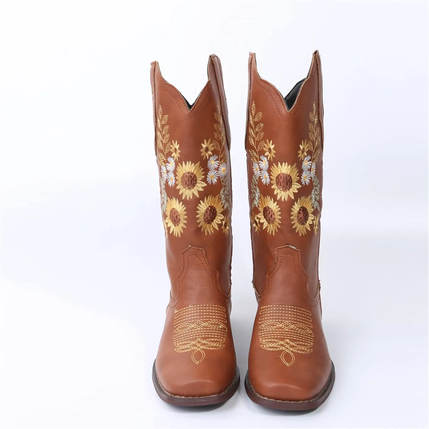 Ladmiple Cowgirl Boots Women Mid Calf Sunflower Embroidered Western Boots Chunky Heel Stitching Pull On Cowboy Boots