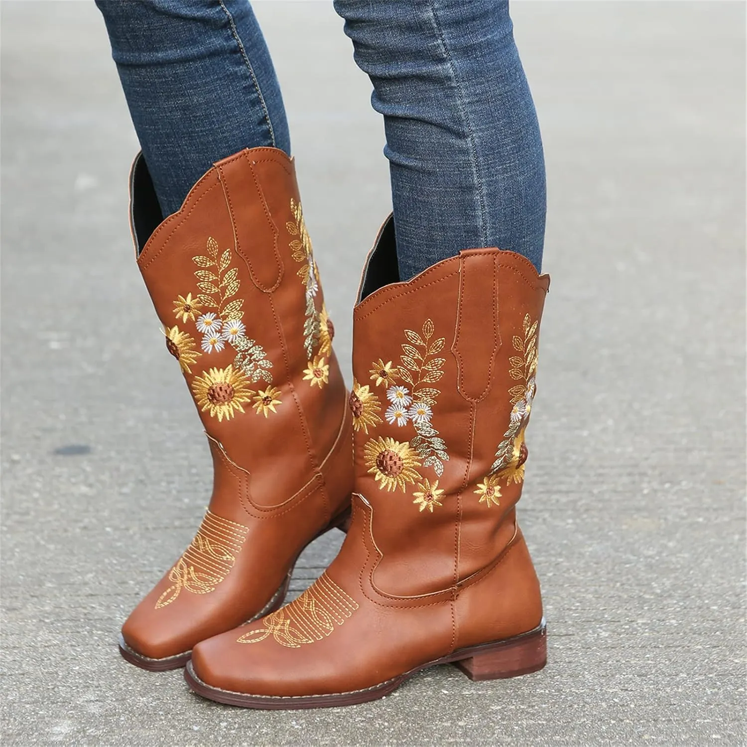 Ladmiple Cowgirl Boots Women Mid Calf Sunflower Embroidered Western Boots Chunky Heel Stitching Pull On Cowboy Boots