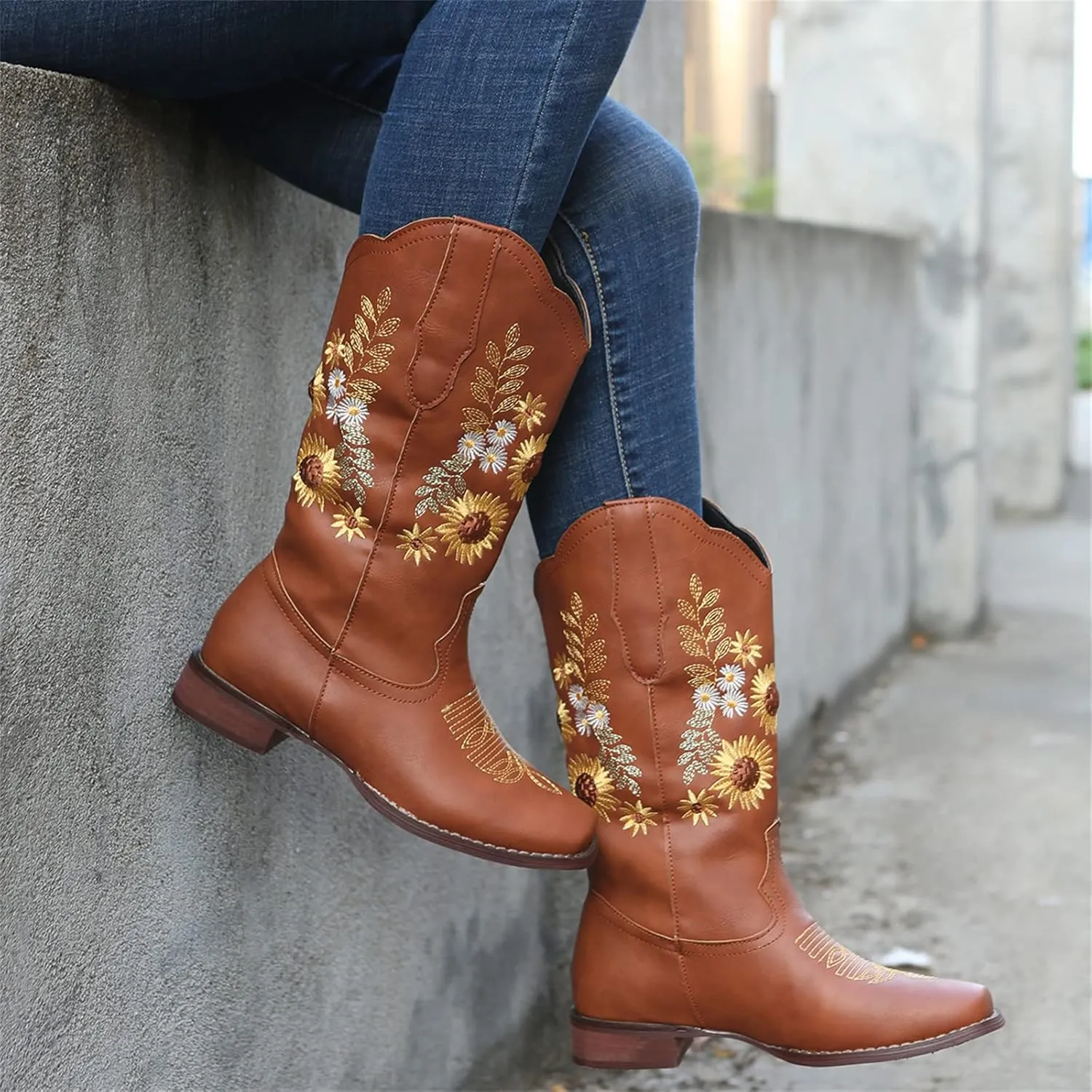 Ladmiple Cowgirl Boots Women Mid Calf Sunflower Embroidered Western Boots Chunky Heel Stitching Pull On Cowboy Boots