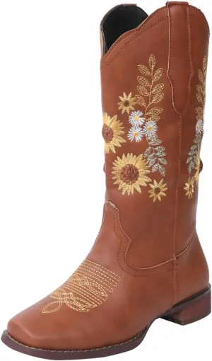 Ladmiple Cowgirl Boots Women Mid Calf Sunflower Embroidered Western Boots Chunky Heel Stitching Pull On Cowboy Boots