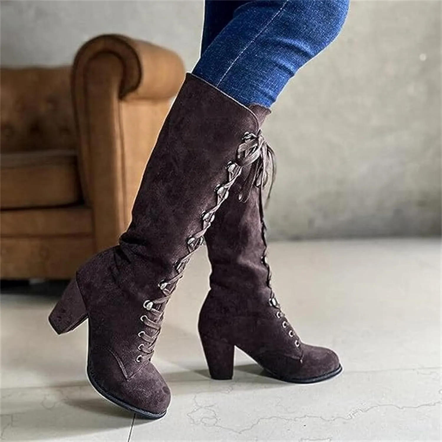 Ladmiple Fall Boots Women Knee High Wide Calf Western Cowboy Boots Fashion Chunky Heel Lace Up Cowgirl Dress Shoes 2024