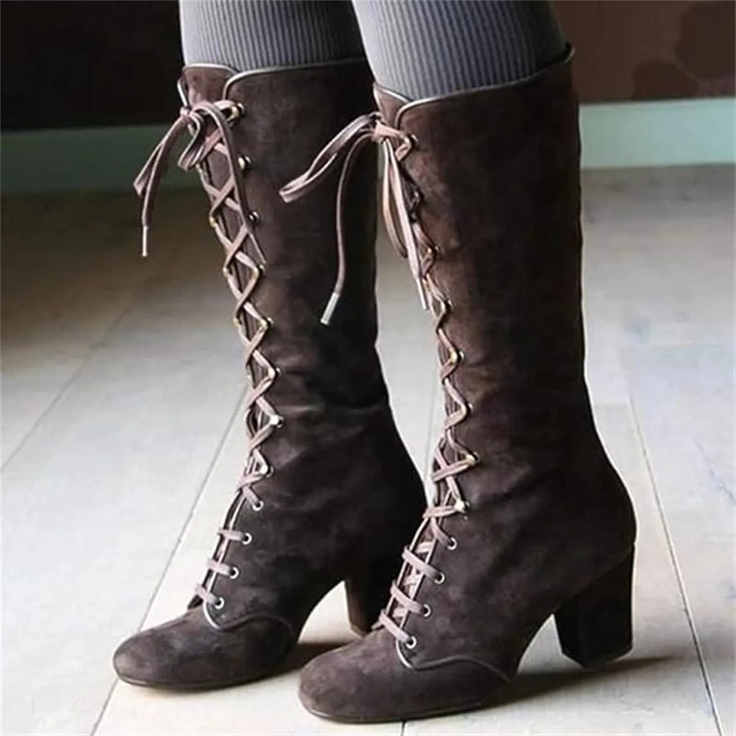 Ladmiple Fall Boots Women Knee High Wide Calf Western Cowboy Boots Fashion Chunky Heel Lace Up Cowgirl Dress Shoes 2024