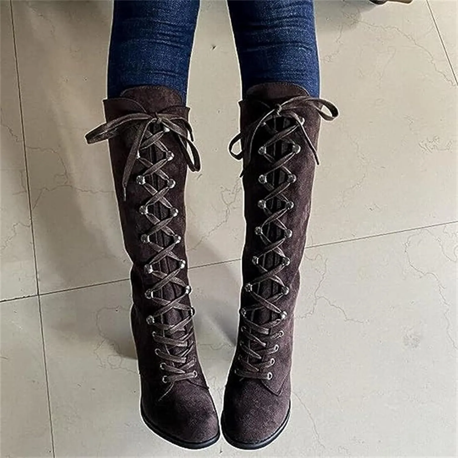Ladmiple Fall Boots Women Knee High Wide Calf Western Cowboy Boots Fashion Chunky Heel Lace Up Cowgirl Dress Shoes 2024