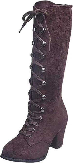 Ladmiple Fall Boots Women Knee High Wide Calf Western Cowboy Boots Fashion Chunky Heel Lace Up Cowgirl Dress Shoes 2024
