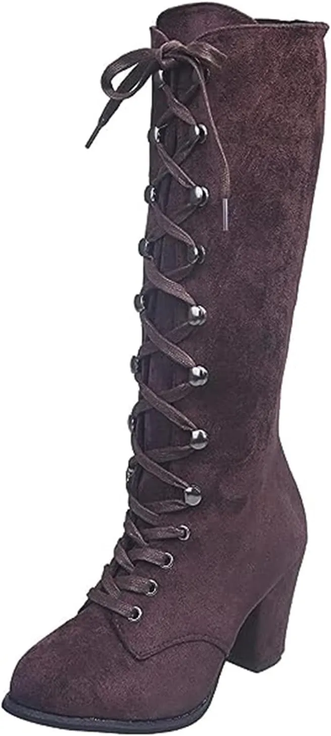 Ladmiple Fall Boots Women Knee High Wide Calf Western Cowboy Boots Fashion Chunky Heel Lace Up Cowgirl Dress Shoes 2024