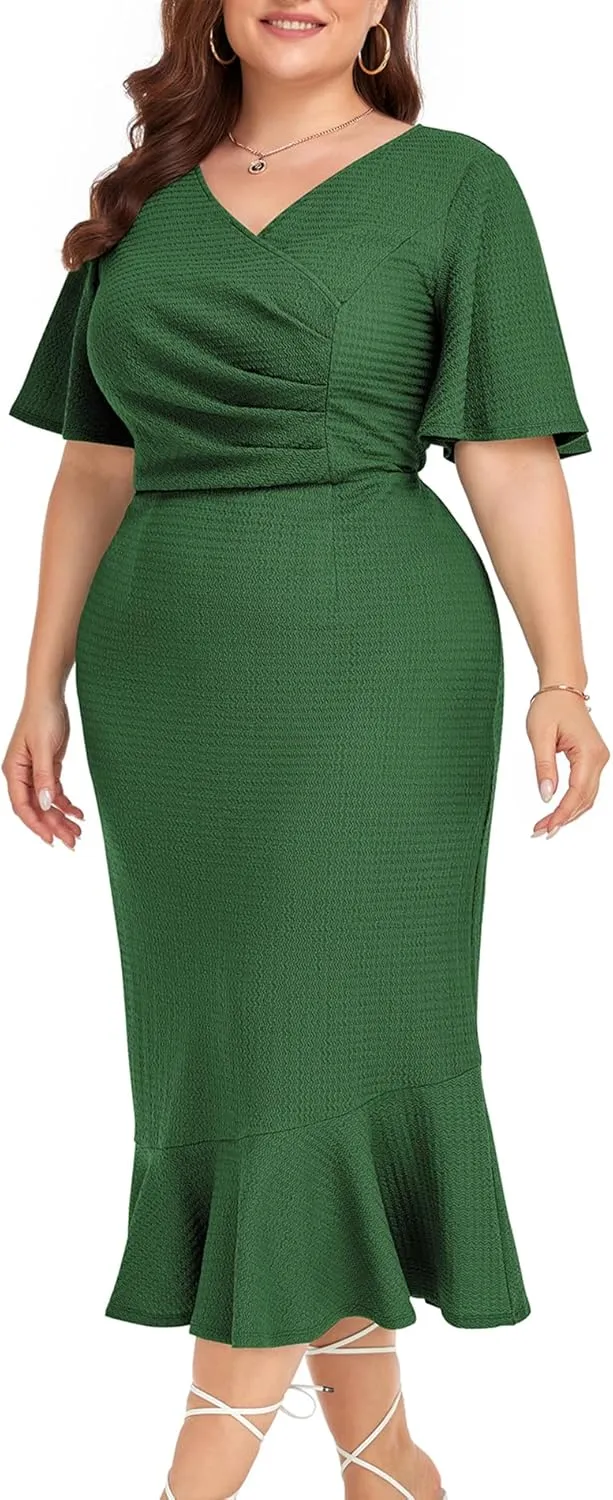 LALAGEN Plus Size Dress for Women Modest Short Sleeve Ruched Bodycon Mermaid Cocktail Midi Dresses 1X-6X