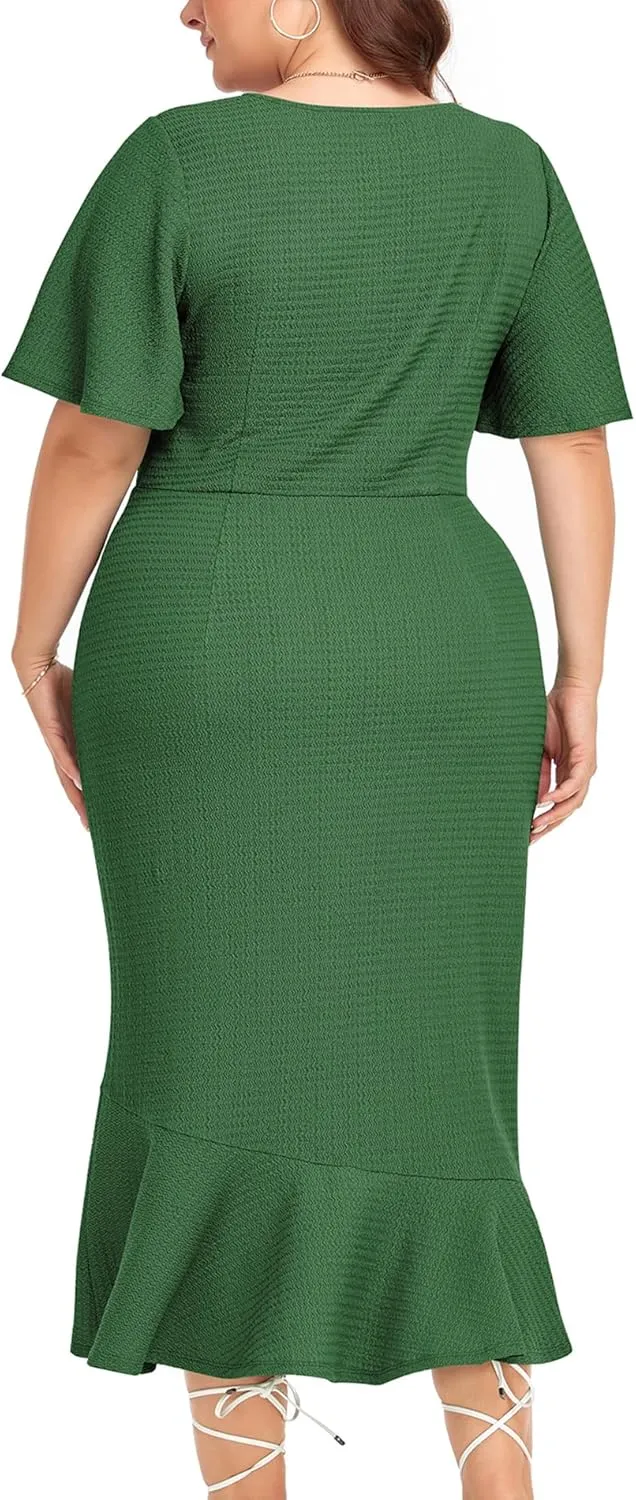 LALAGEN Plus Size Dress for Women Modest Short Sleeve Ruched Bodycon Mermaid Cocktail Midi Dresses 1X-6X