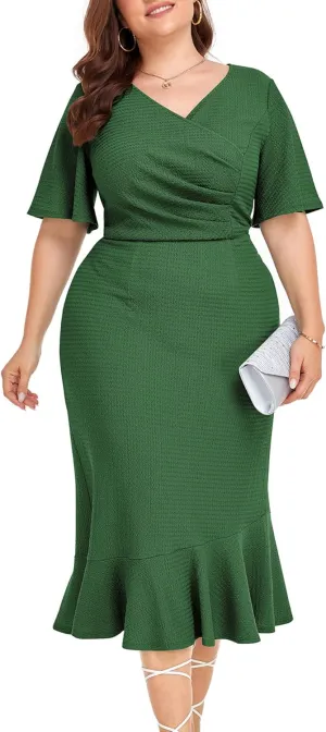 LALAGEN Plus Size Dress for Women Modest Short Sleeve Ruched Bodycon Mermaid Cocktail Midi Dresses 1X-6X