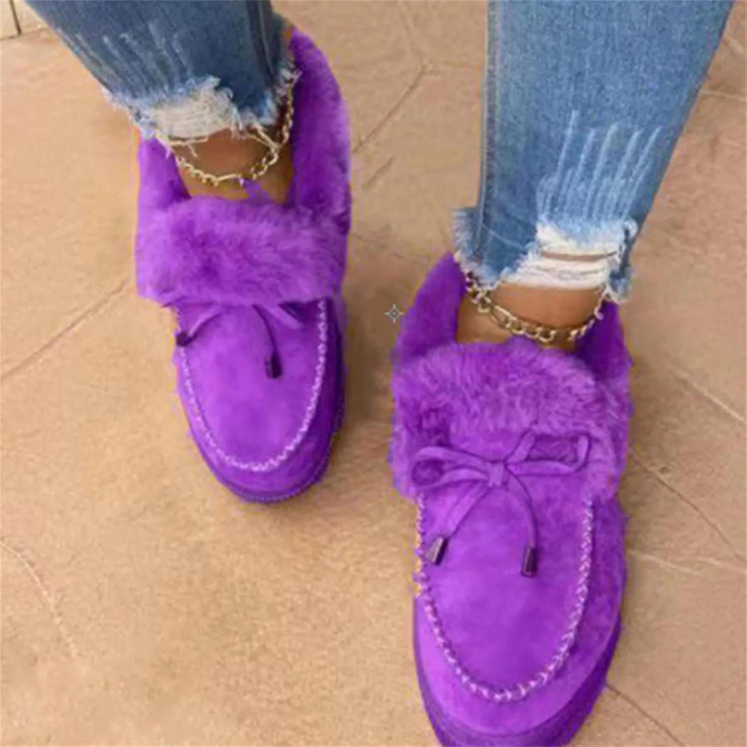 Lausiuoe Winter Boots For Women 2022 Trendy Fuzzy Booties Warm Fluffy Silp On Comfortable Casual Ankle Boots Loafers
