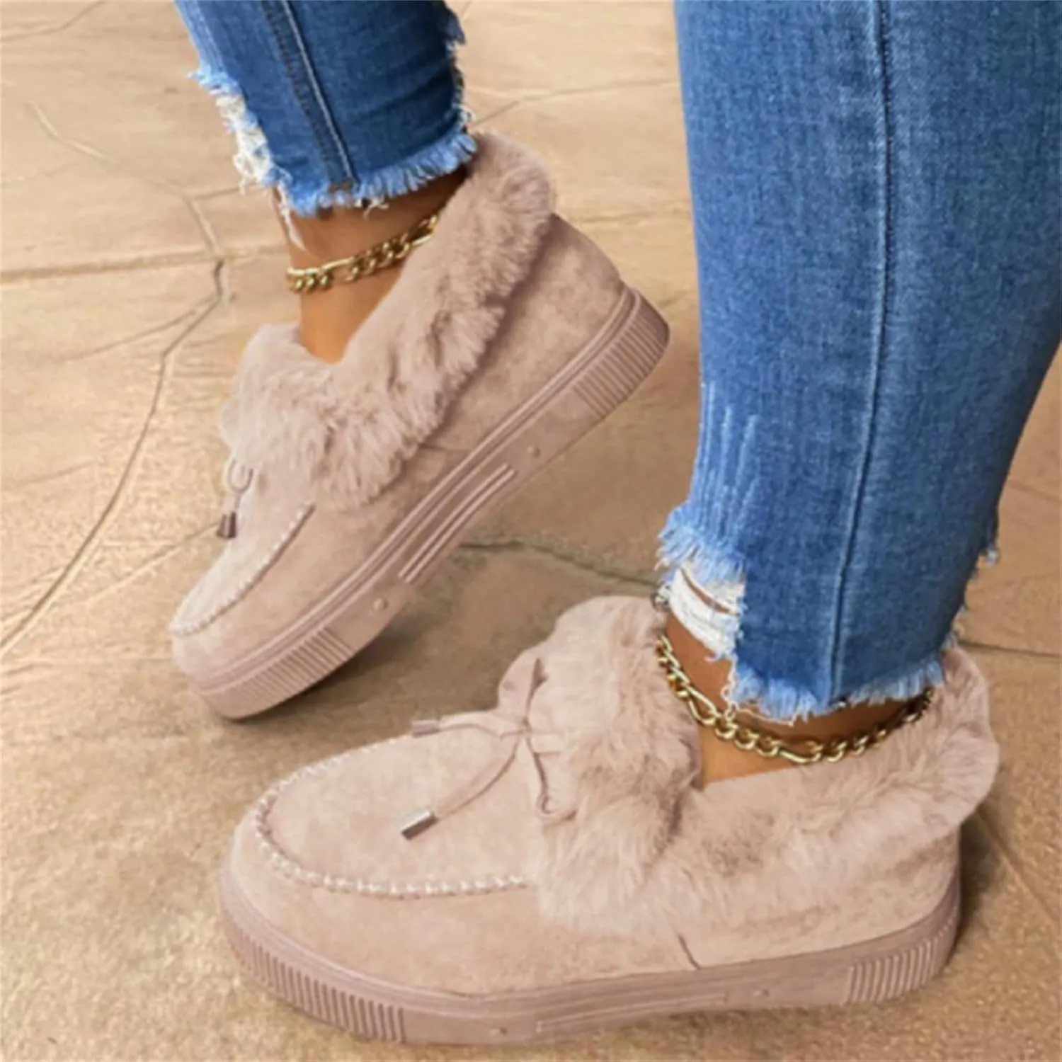 Lausiuoe Winter Boots For Women 2022 With Fur Fuzzy Bootie Silp On Comfortable Casual Warm Fluffy Loafers Ankle Boots