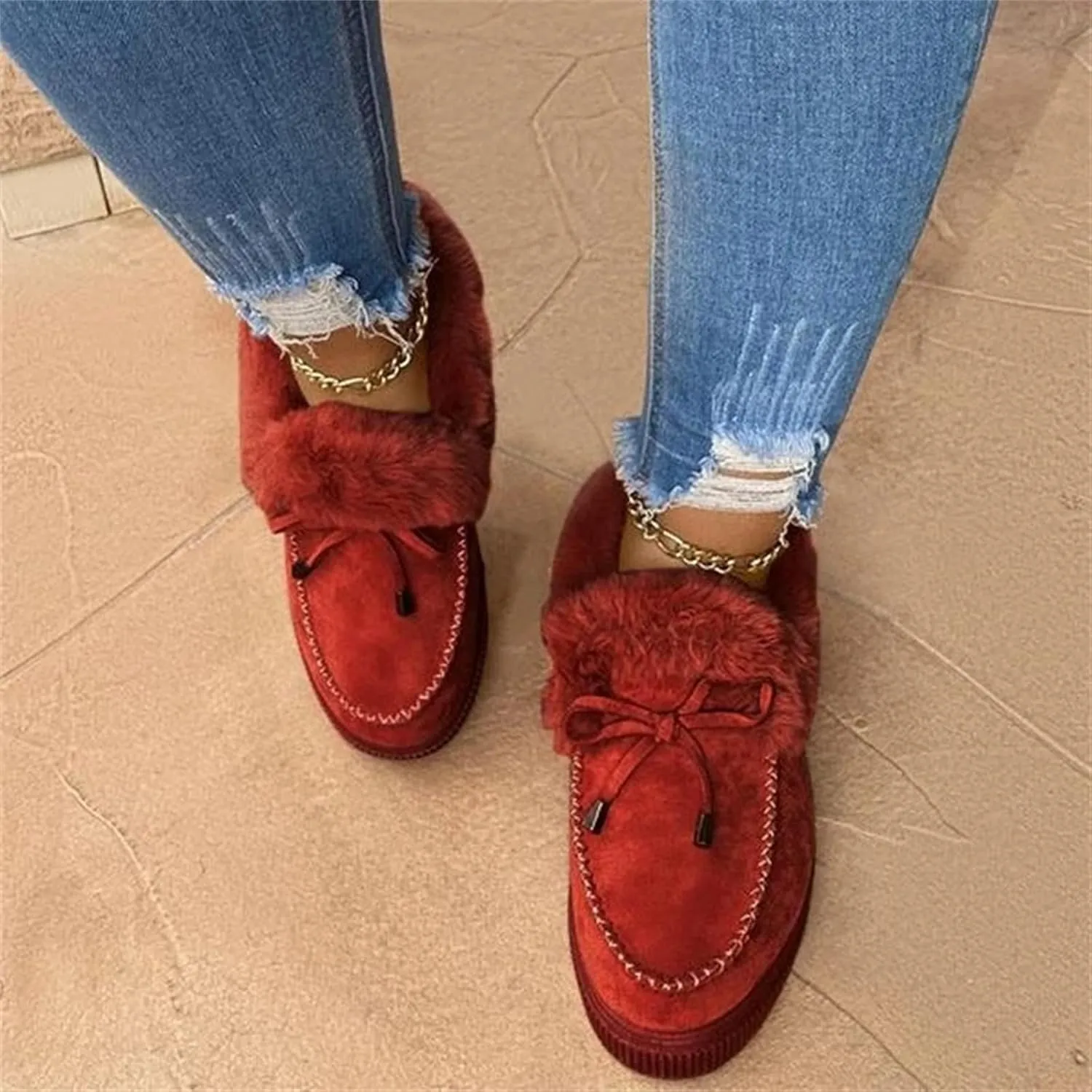 Lausiuoe Winter Boots For Women 2022 With Fur Fuzzy Bootie Silp On Comfortable Casual Warm Fluffy Loafers Ankle Boots
