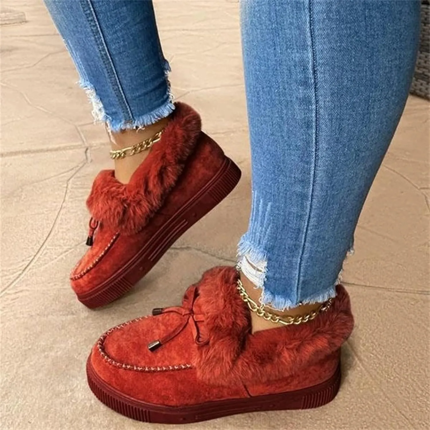 Lausiuoe Winter Boots For Women 2022 With Fur Fuzzy Bootie Silp On Comfortable Casual Warm Fluffy Loafers Ankle Boots