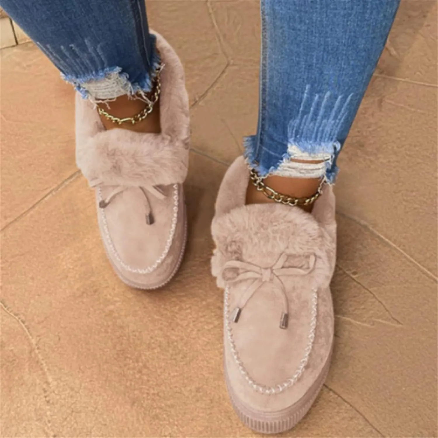 Lausiuoe Winter Boots For Women 2022 With Fur Fuzzy Bootie Silp On Comfortable Casual Warm Fluffy Loafers Ankle Boots
