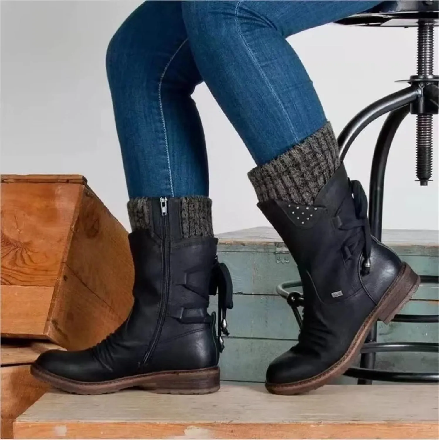 Lausiuoe Womens Boots Knee High Wide Calf Cowboy Boots Pull-On Chunky Heel Cowgirl Western Fashion Retro Classic Booties