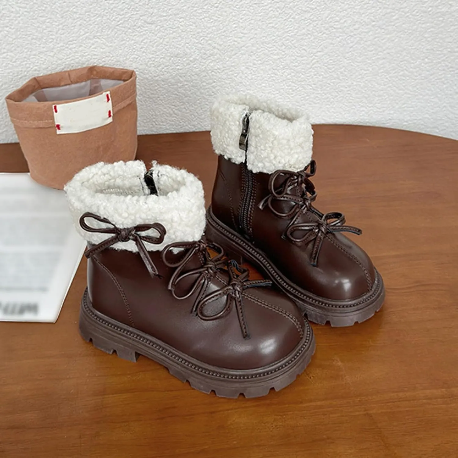 Leather Chunky Soft Sole Snow Boots For Girls Kids Side Zipper Fuzzy Bow 𝐖aterproof Booties Shoes Toddler Winter Warm
