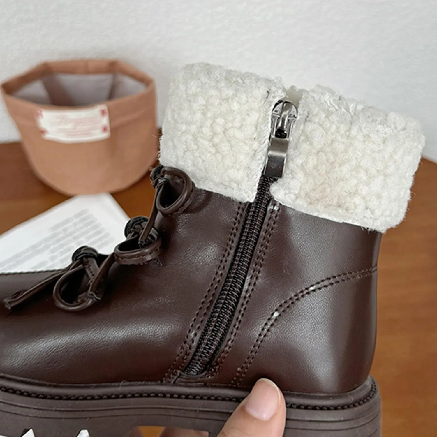 Leather Chunky Soft Sole Snow Boots For Girls Kids Side Zipper Fuzzy Bow 𝐖aterproof Booties Shoes Toddler Winter Warm