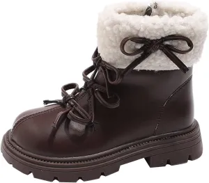 Leather Chunky Soft Sole Snow Boots For Girls Kids Side Zipper Fuzzy Bow 𝐖aterproof Booties Shoes Toddler Winter Warm