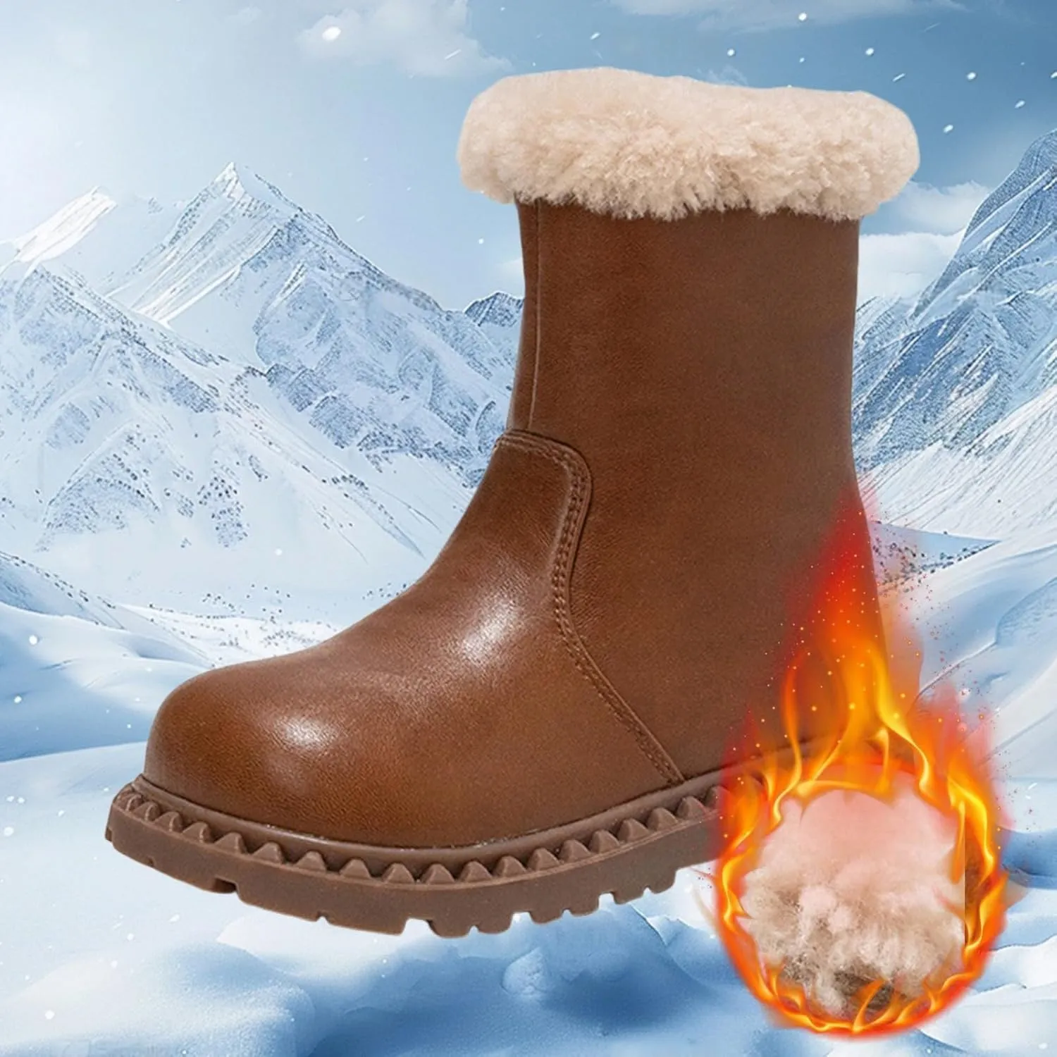 Leather Fuzzy Snow Boots For Girls Kids Toddler Childrens Lightweight Fashion 𝐖aterproof Shoes Comfy Ski Non Slip Shoes