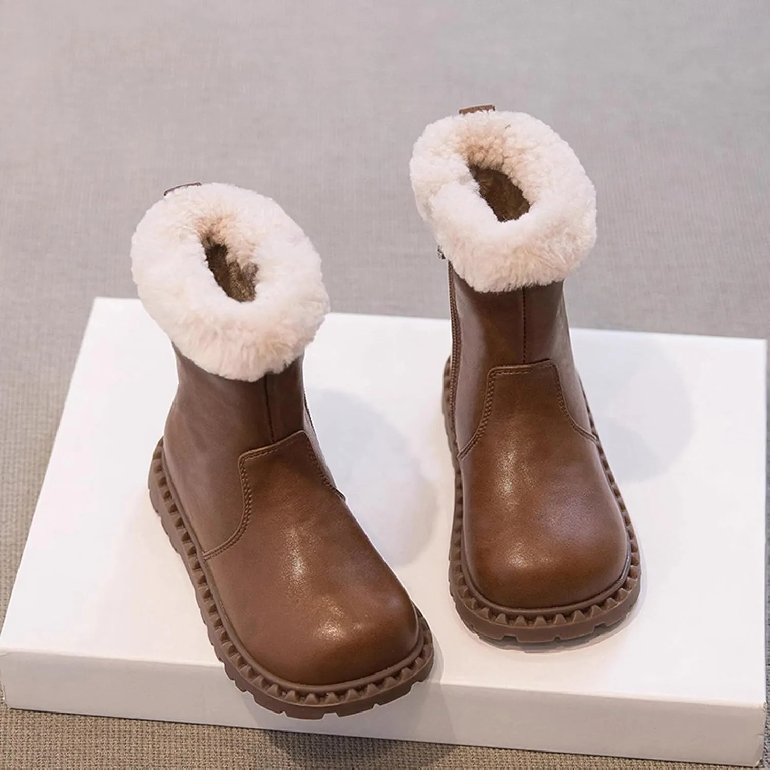 Leather Fuzzy Snow Boots For Girls Kids Toddler Childrens Lightweight Fashion 𝐖aterproof Shoes Comfy Ski Non Slip Shoes