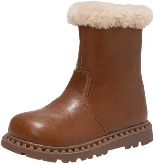 Leather Fuzzy Snow Boots For Girls Kids Toddler Childrens Lightweight Fashion 𝐖aterproof Shoes Comfy Ski Non Slip Shoes