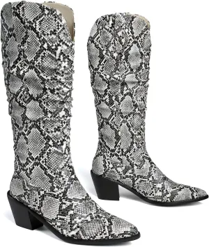 LEHOOR Women Knee High Western Boots Snakeskin Stacked Heel Pointed Toe Knee High Boots Cowboy Mid Calf 3” Chunky Heel Slouch Long Boots Pull On Animal Print Tall Boots Sexy Party Club Party 4-13 M US