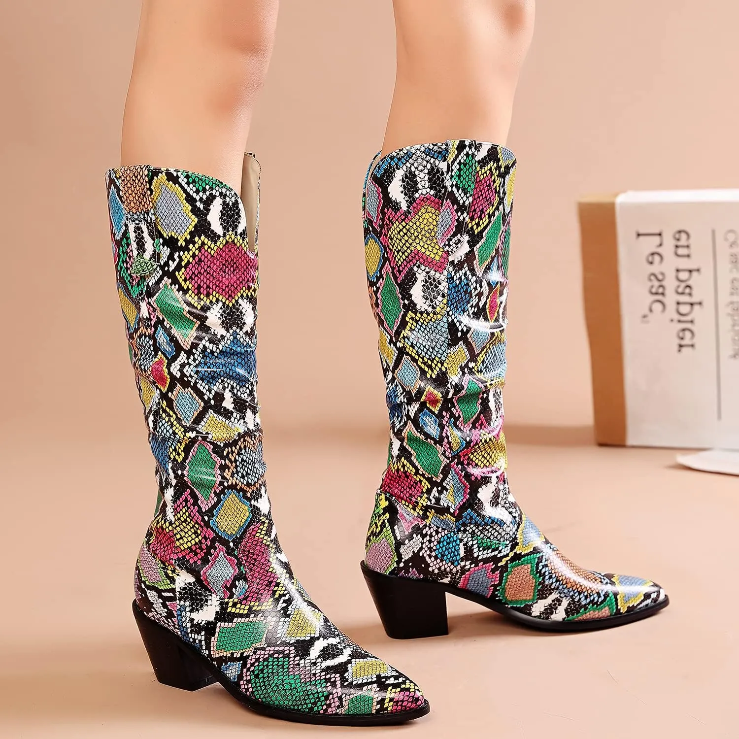 LEHOOR Women Knee High Western Boots Snakeskin Stacked Heel Pointed Toe Knee High Boots Cowboy Mid Calf 3” Chunky Heel Slouch Long Boots Pull On Animal Print Tall Boots Sexy Party Club Party 4-13 M US