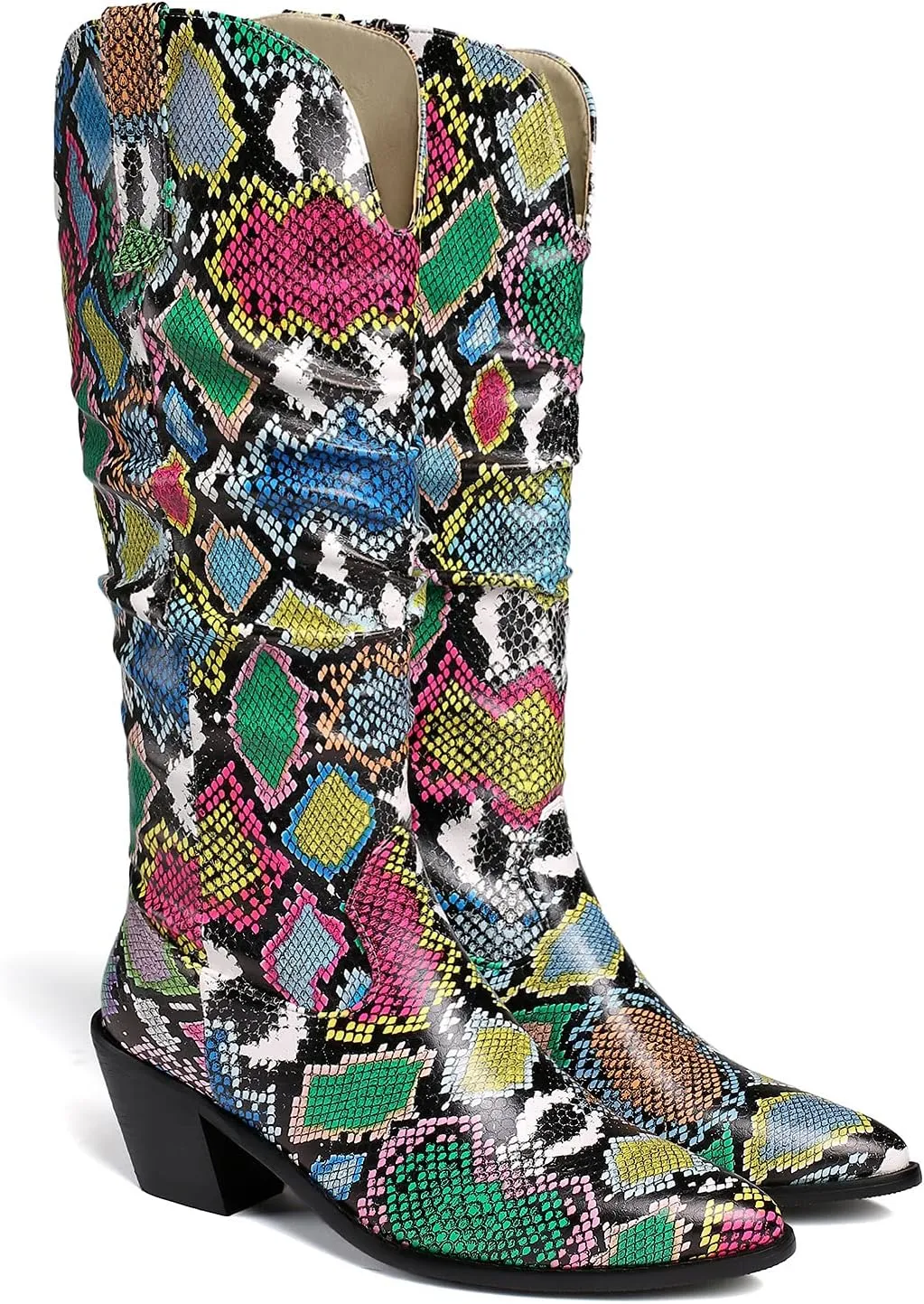 LEHOOR Women Knee High Western Boots Snakeskin Stacked Heel Pointed Toe Knee High Boots Cowboy Mid Calf 3” Chunky Heel Slouch Long Boots Pull On Animal Print Tall Boots Sexy Party Club Party 4-13 M US
