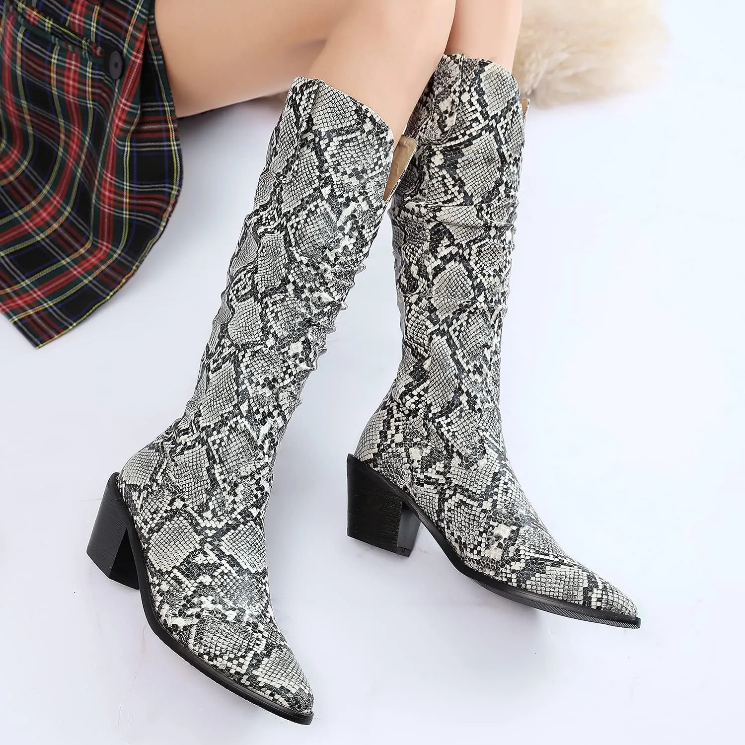 LEHOOR Women Knee High Western Boots Snakeskin Stacked Heel Pointed Toe Knee High Boots Cowboy Mid Calf 3” Chunky Heel Slouch Long Boots Pull On Animal Print Tall Boots Sexy Party Club Party 4-13 M US