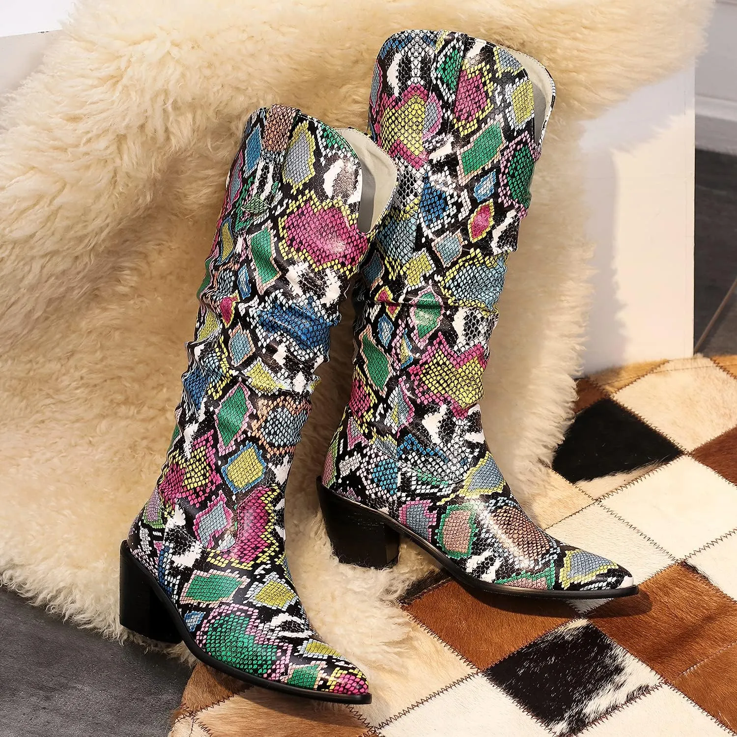 LEHOOR Women Knee High Western Boots Snakeskin Stacked Heel Pointed Toe Knee High Boots Cowboy Mid Calf 3” Chunky Heel Slouch Long Boots Pull On Animal Print Tall Boots Sexy Party Club Party 4-13 M US