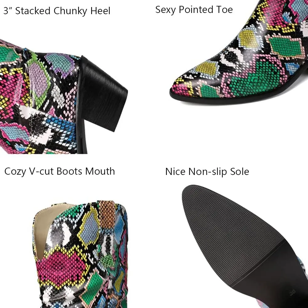 LEHOOR Women Knee High Western Boots Snakeskin Stacked Heel Pointed Toe Knee High Boots Cowboy Mid Calf 3” Chunky Heel Slouch Long Boots Pull On Animal Print Tall Boots Sexy Party Club Party 4-13 M US