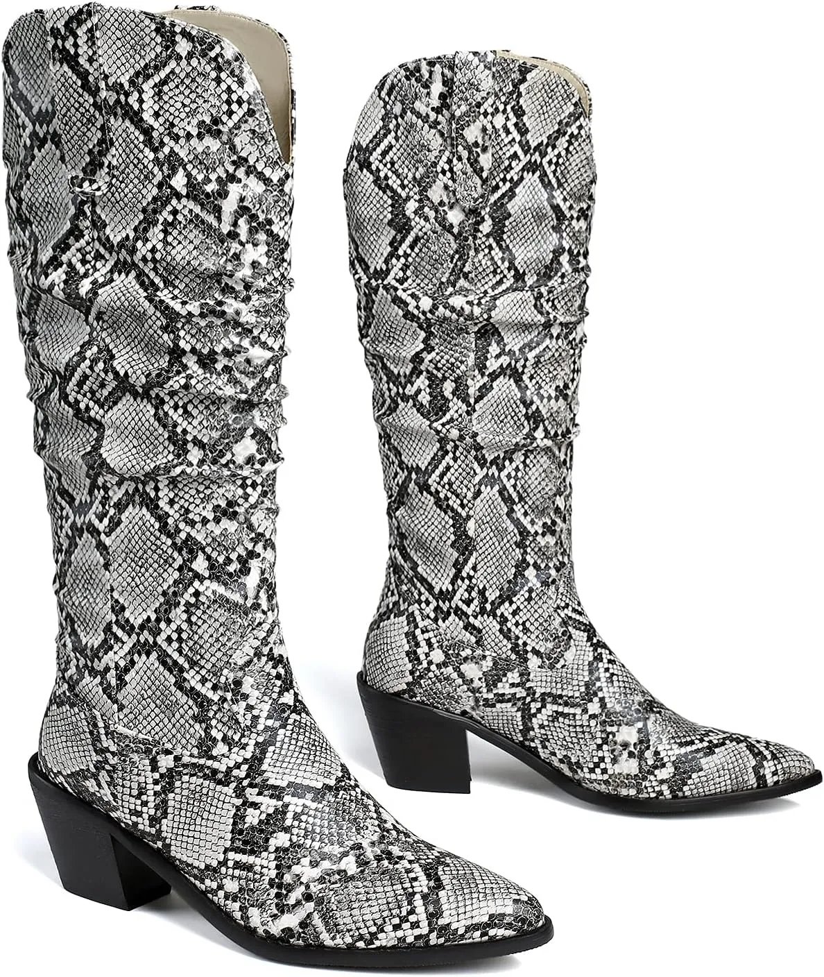LEHOOR Women Knee High Western Boots Snakeskin Stacked Heel Pointed Toe Knee High Boots Cowboy Mid Calf 3” Chunky Heel Slouch Long Boots Pull On Animal Print Tall Boots Sexy Party Club Party 4-13 M US