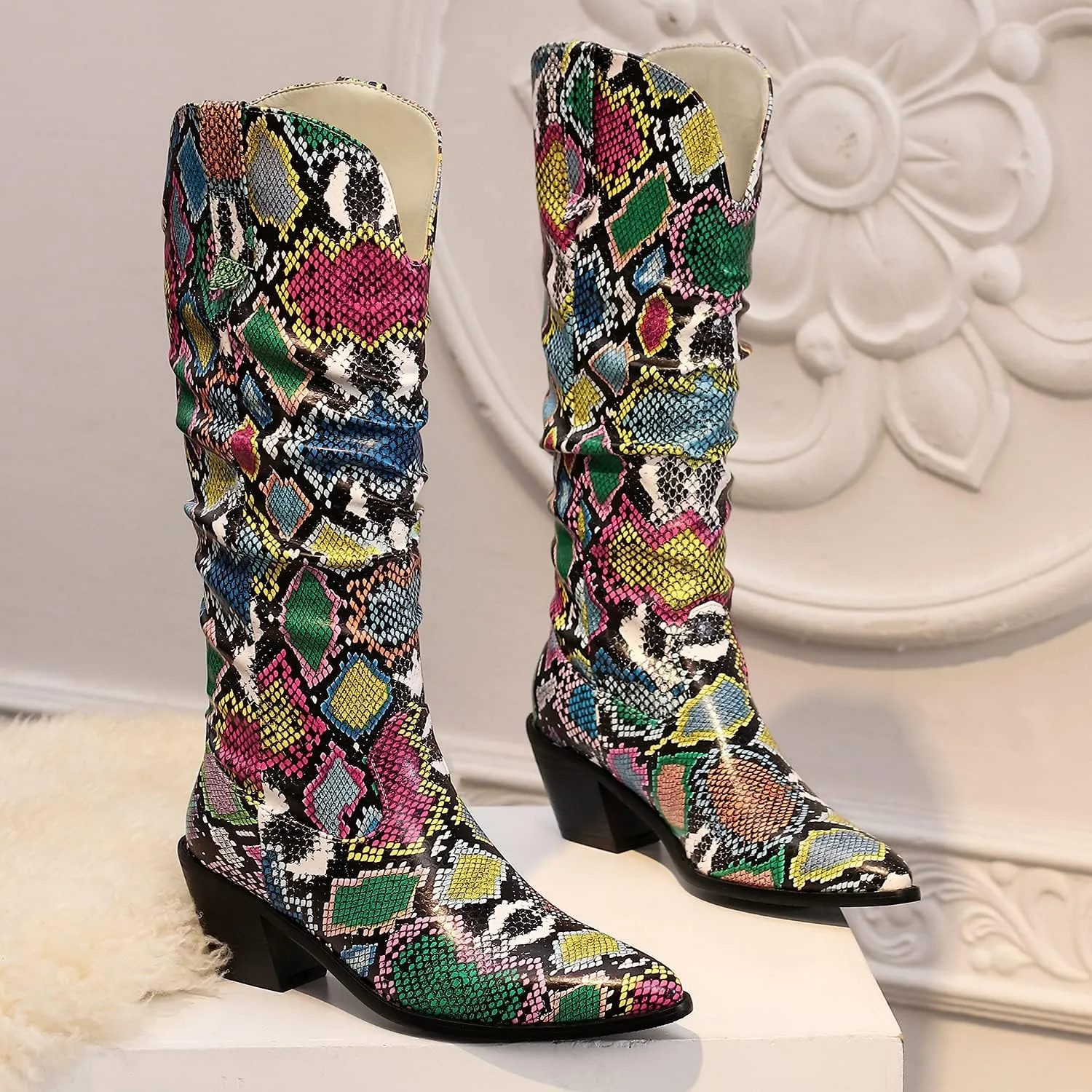 LEHOOR Women Knee High Western Boots Snakeskin Stacked Heel Pointed Toe Knee High Boots Cowboy Mid Calf 3” Chunky Heel Slouch Long Boots Pull On Animal Print Tall Boots Sexy Party Club Party 4-13 M US
